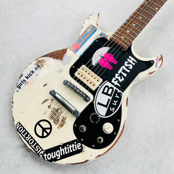 Vintage Gibson Melody Maker Historic Makeovers Joan Jett Replica Electric Guitar - Aged White with Stickers - 9