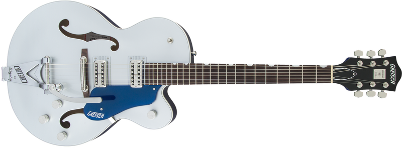 Gretsch G6118T Players Edition Anniversary with String-Thru Bigsby Filter'Tron Pickups 2-Tone Iridium Silver/Azure Metallic Specifications