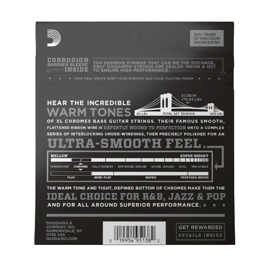 D'Addario ECB81M Chromes Flat Wound Medium Scale 45-100 Bass Guitar Strings - 2