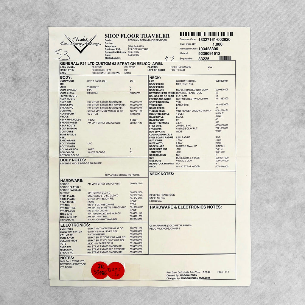 Fender Custom Shop Limited 1962 Stratocaster Relic Reverse Gold Hardware 2024 - Aged White Blonde - 19