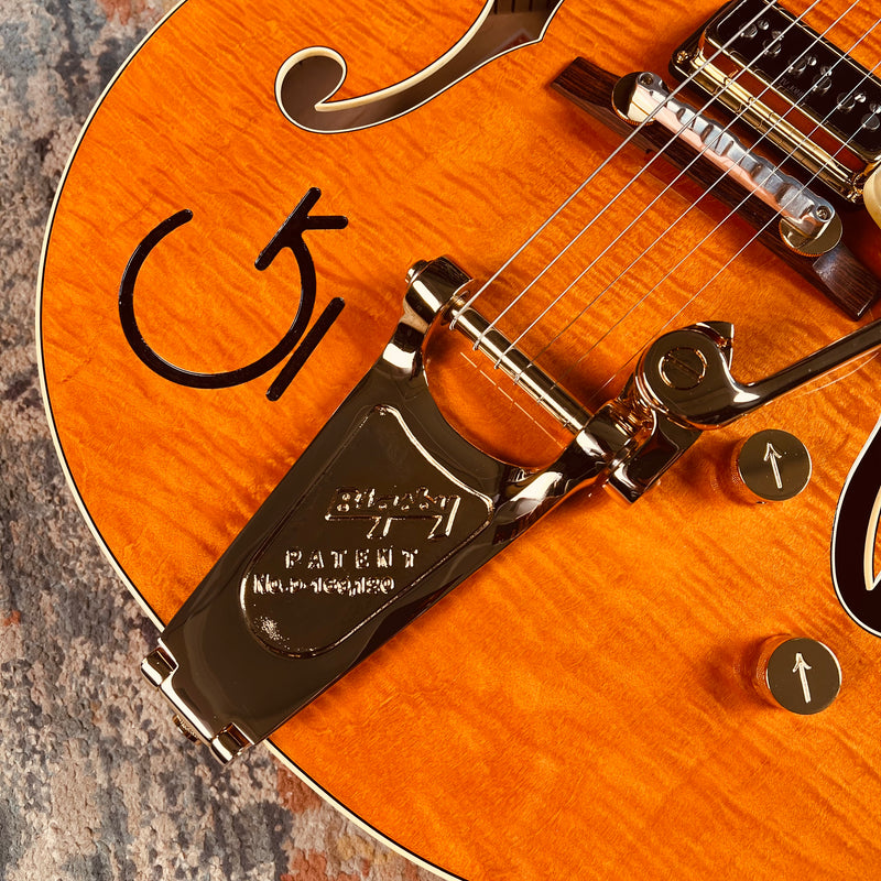 Gretsch G6120T-55 Vintage Select Edition '55 Chet Atkins Hollow Body with Bigsby - Western Orange Stain Lacquer - Lifestyle Bigsby & Brand