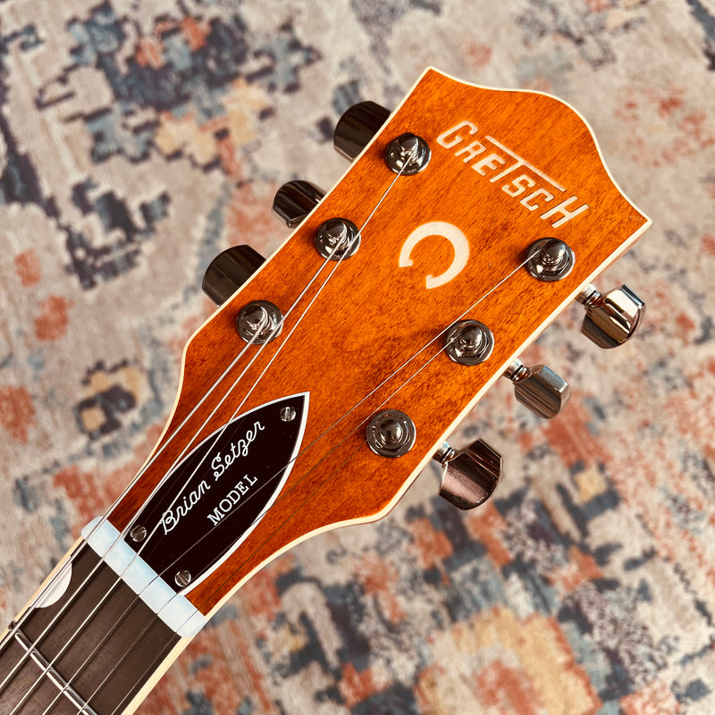 Gretsch G6120T-BSSMK Brian Setzer Signature Nashville Hollow Body '59 "Smoke" with Bigsby - Smoke Orange - Lifestyle Headstock