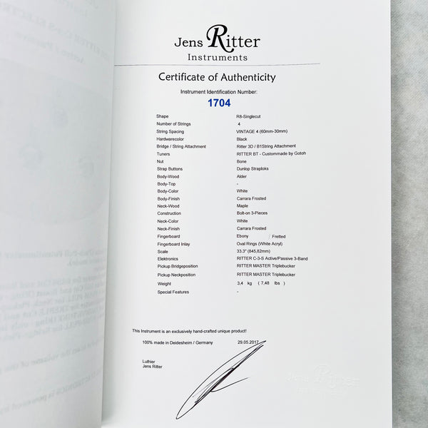 Jens Ritter R-8 Singlecut 4-String Bass 2017 - White - 19