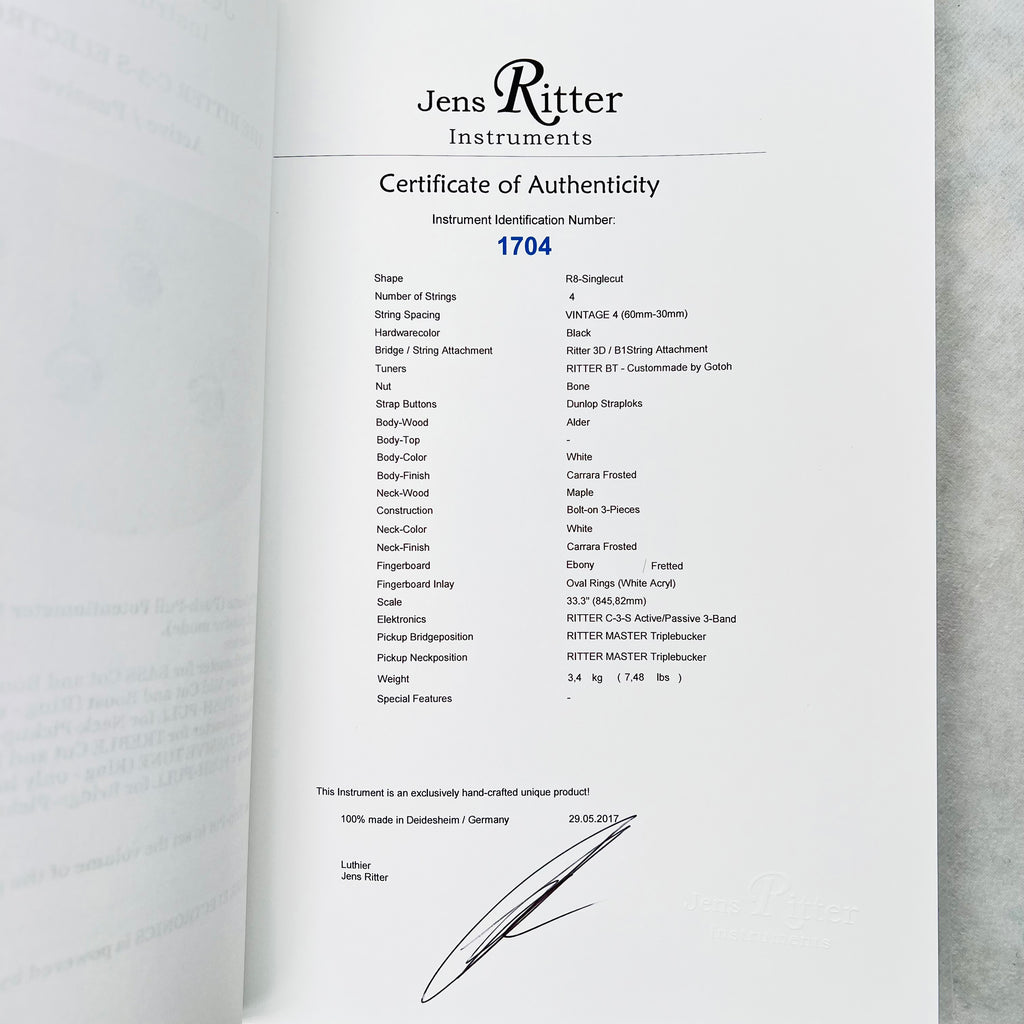 Jens Ritter R-8 Singlecut 4-String Bass 2017 - White - 19