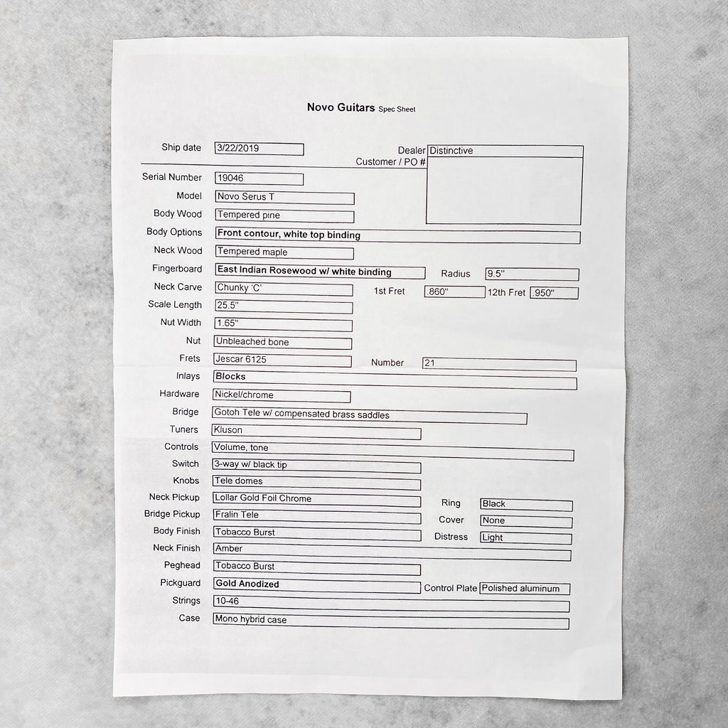 Novo by Dennis Fano Serus T Electric Guitar 2019 - Tobacco Burst - 19