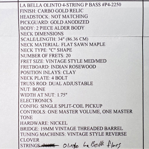 Olinto by La Bella 4-String P Bass 2024 - Carbo Gold Relic - 20