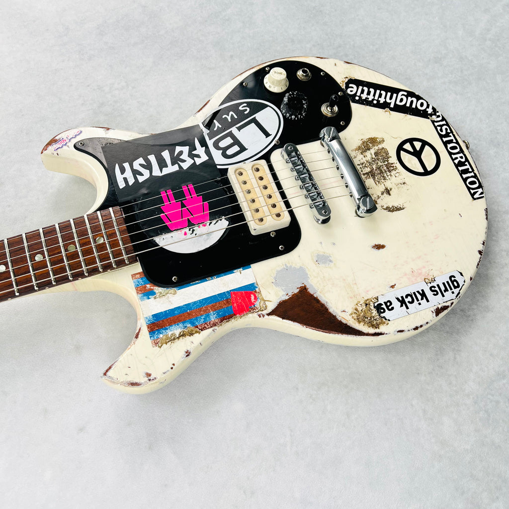 Vintage Gibson Melody Maker Historic Makeovers Joan Jett Replica Electric Guitar - Aged White with Stickers - 10