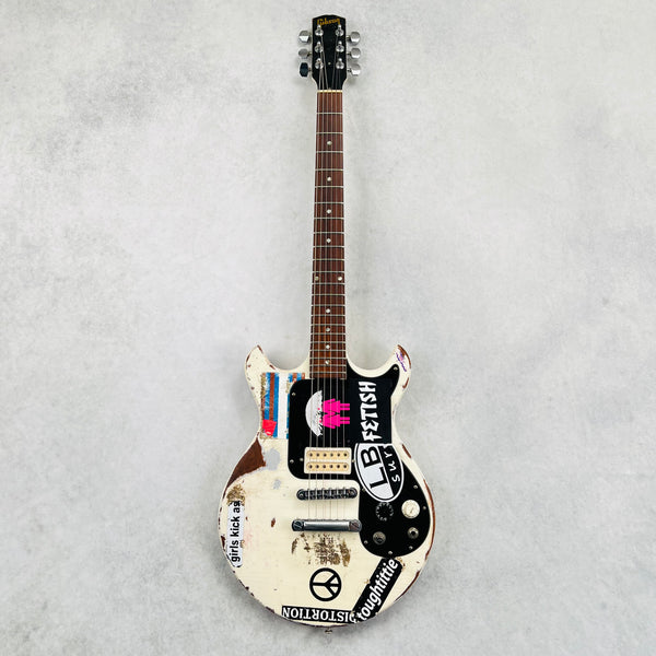 Vintage Gibson Melody Maker Historic Makeovers Joan Jett Replica Electric Guitar - Aged White with Stickers - 2