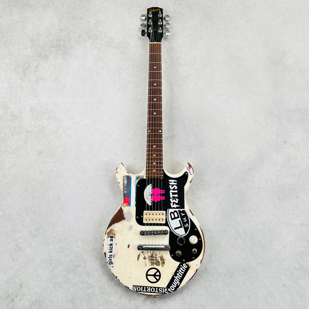 Vintage Gibson Melody Maker Historic Makeovers Joan Jett Replica Electric Guitar - Aged White with Stickers - 2