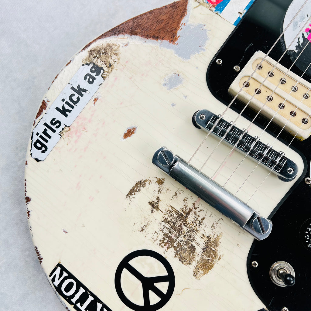 Vintage Gibson Melody Maker Historic Makeovers Joan Jett Replica Electric Guitar - Aged White with Stickers - 4