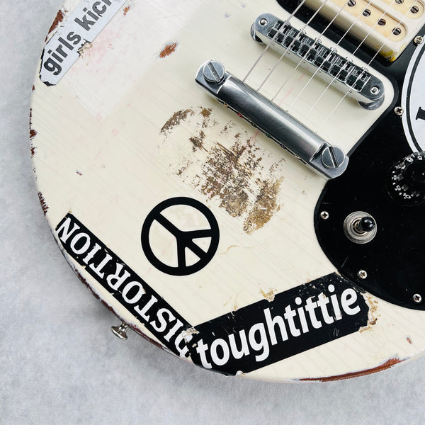 Vintage Gibson Melody Maker Historic Makeovers Joan Jett Replica Electric Guitar - Aged White with Stickers - 5