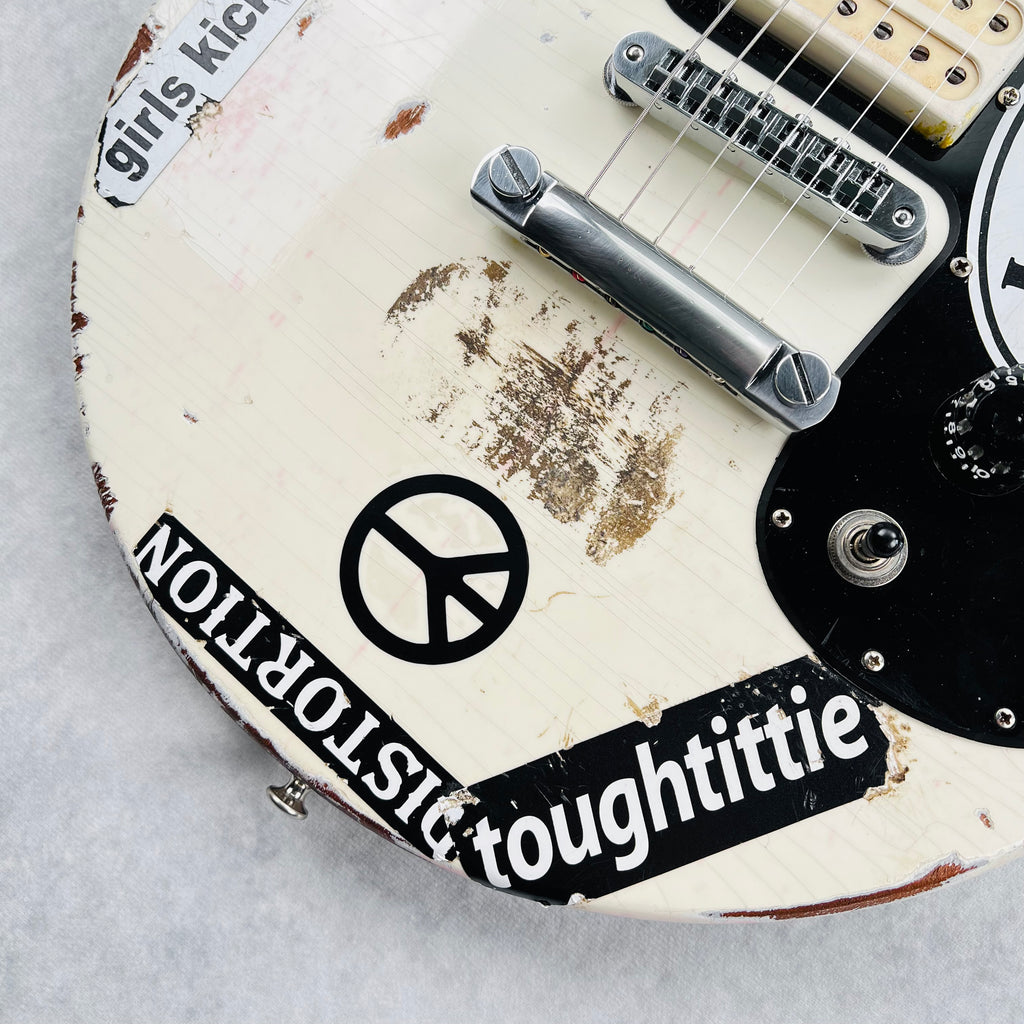 Vintage Gibson Melody Maker Historic Makeovers Joan Jett Replica Electric Guitar - Aged White with Stickers - 5
