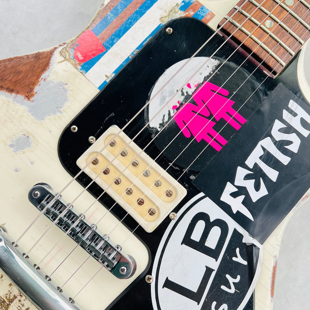 Vintage Gibson Melody Maker Historic Makeovers Joan Jett Replica Electric Guitar - Aged White with Stickers - 8