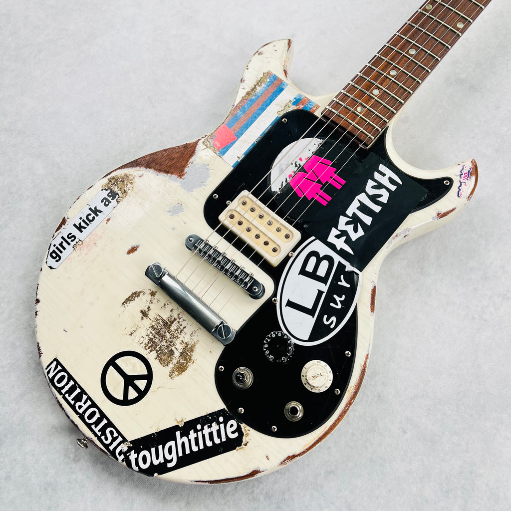 Vintage Gibson Melody Maker Historic Makeovers Joan Jett Replica Electric Guitar - Aged White with Stickers - 9